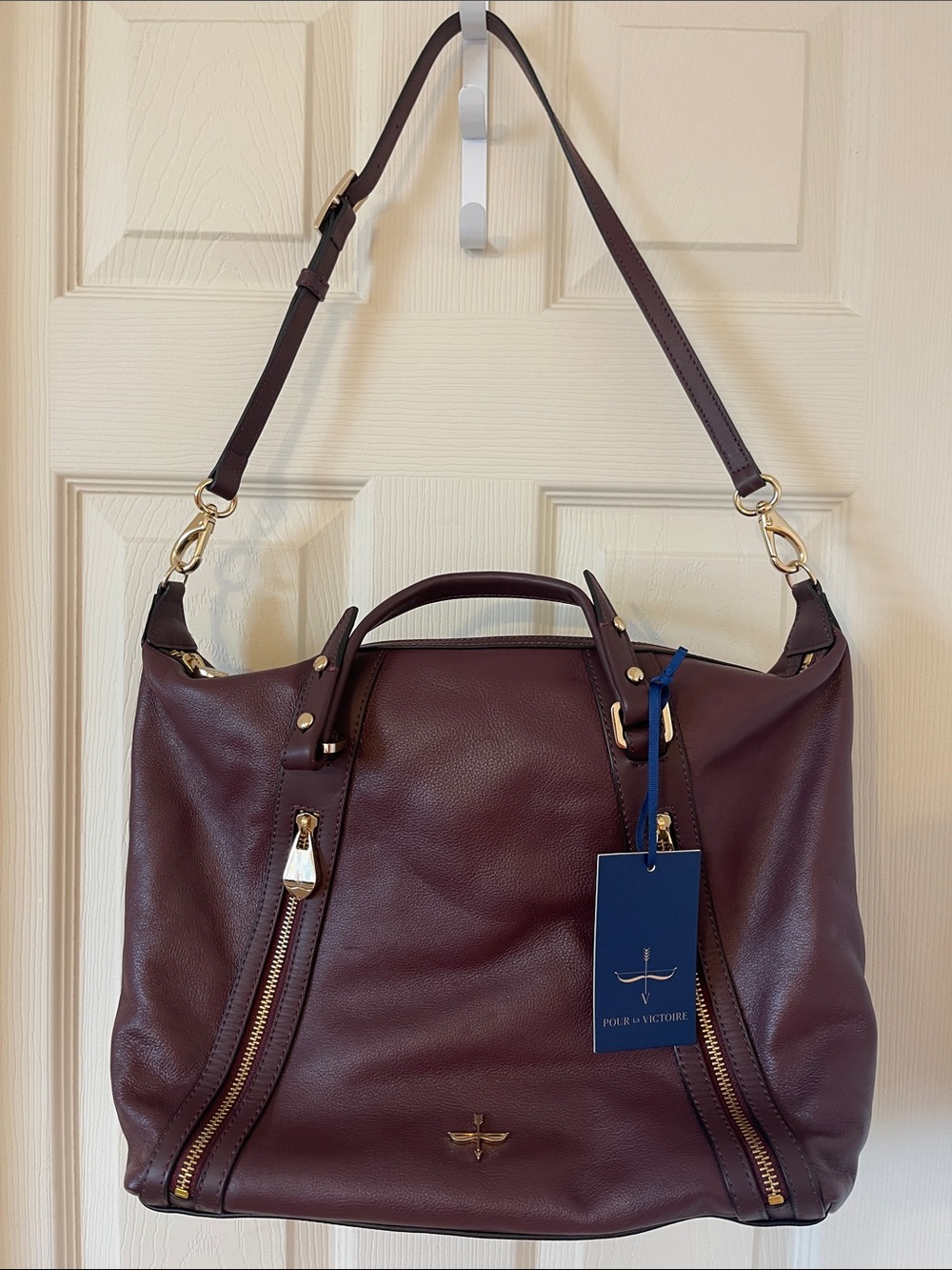 Pour La Victoire Burgundy Leather Tote with Gold Hardware
